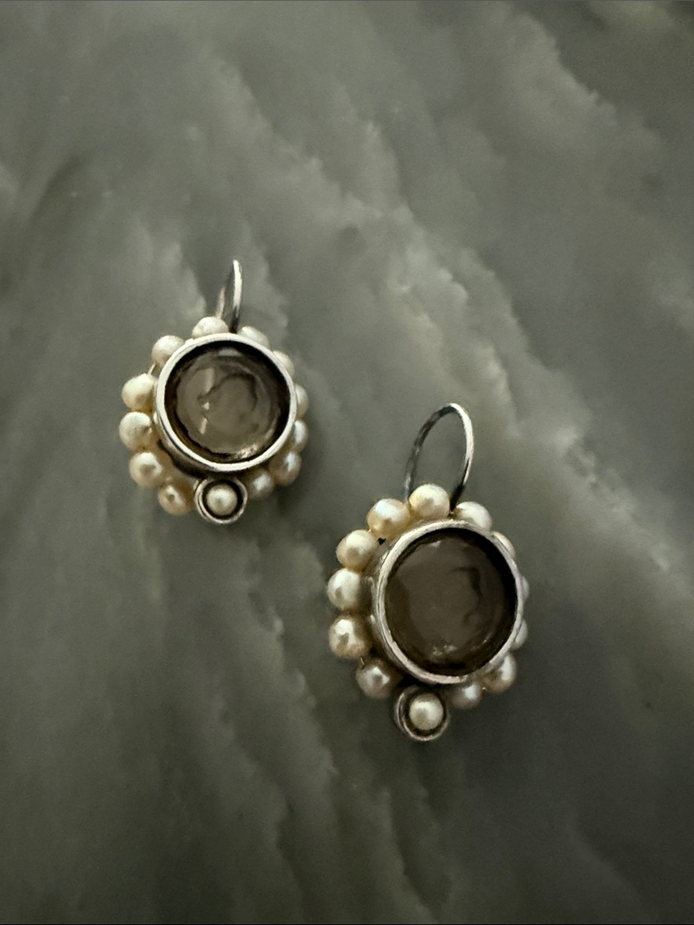 Extasia Silver Pearl-Trim Smoky Glass Etched Face Drop Earrings